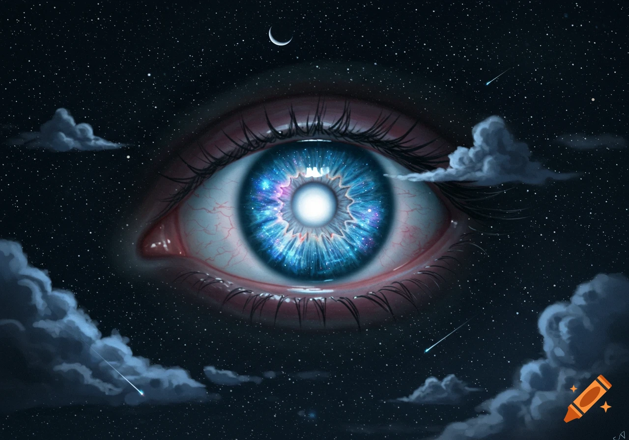 A vibrant blue cosmic eye against a dark, starry night sky with clouds, a crescent moon, and shooting stars.