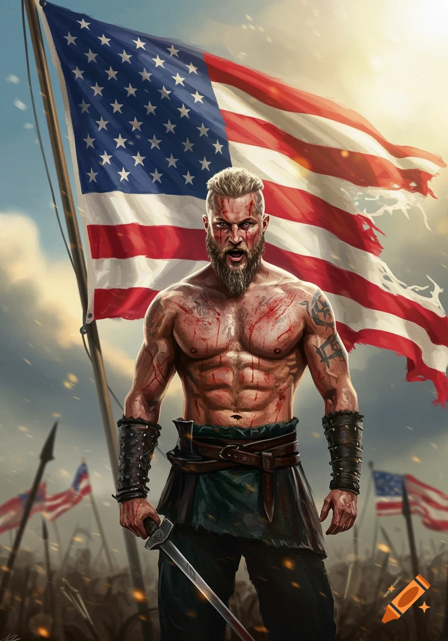 Muscular, blood-covered Viking warrior with a beard and mohawk stands defiantly before a large American flag and a battlefield.