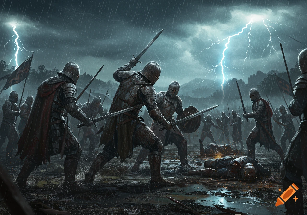 Knights in full armor battle on a muddy, rainy field under a stormy sky with lightning.