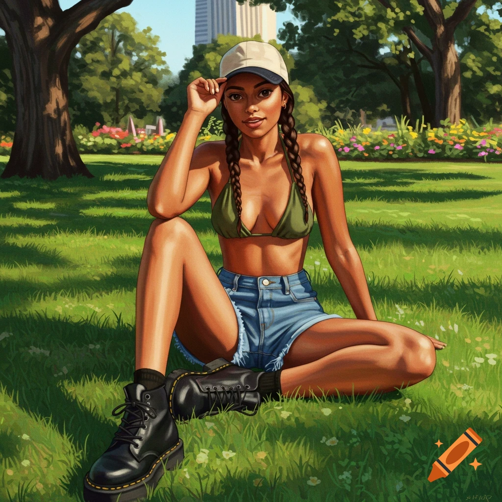 Digital art of a young woman with braids in a bikini top and shorts, sitting on grass in a sunny park.
