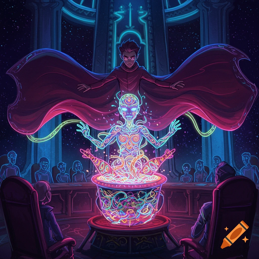 A cloaked figure behind a neon, glowing humanoid emerging from a cauldron. A council watches in a dark, star-filled chamber. Fantasy art.
