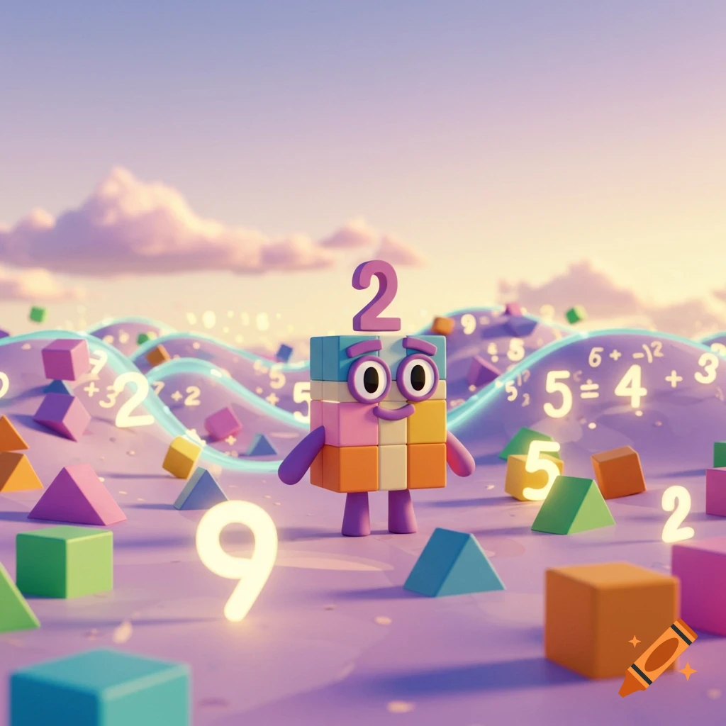 A colorful block-shaped cartoon character with a number 2 on its head stands in a pastel landscape filled with glowing numbers and geometric shapes.