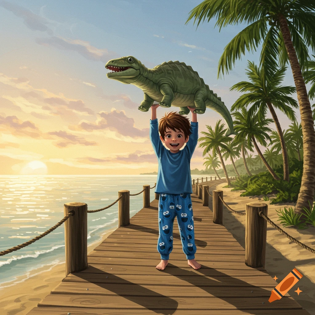 A smiling boy in blue pajamas holds a green dinosaur over his head on a wooden dock at sunset. Palm trees line the sandy beach.