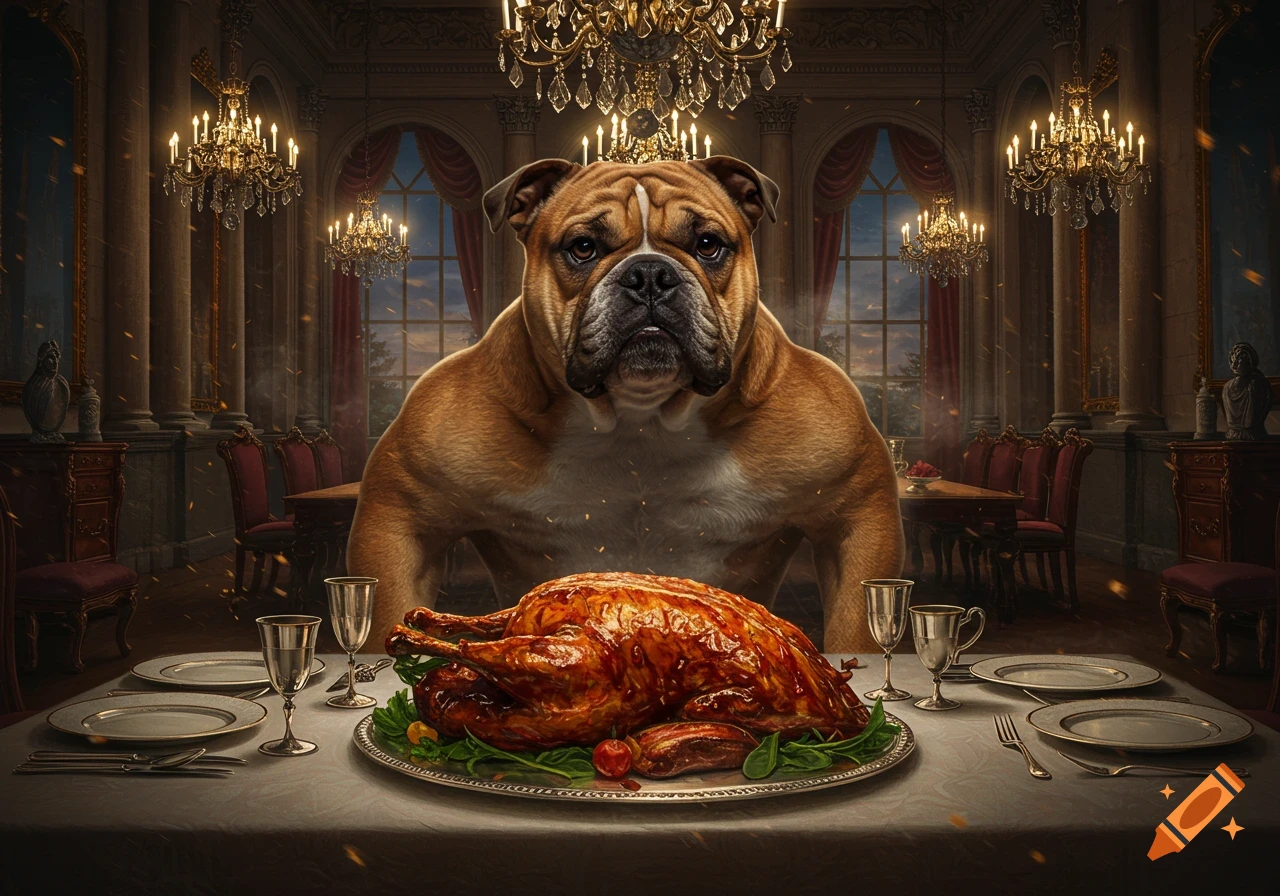 A muscular bulldog sits at a grand dining table, looking directly at a large roasted turkey on a silver platter. The room is ornate with chandeliers and pillars.