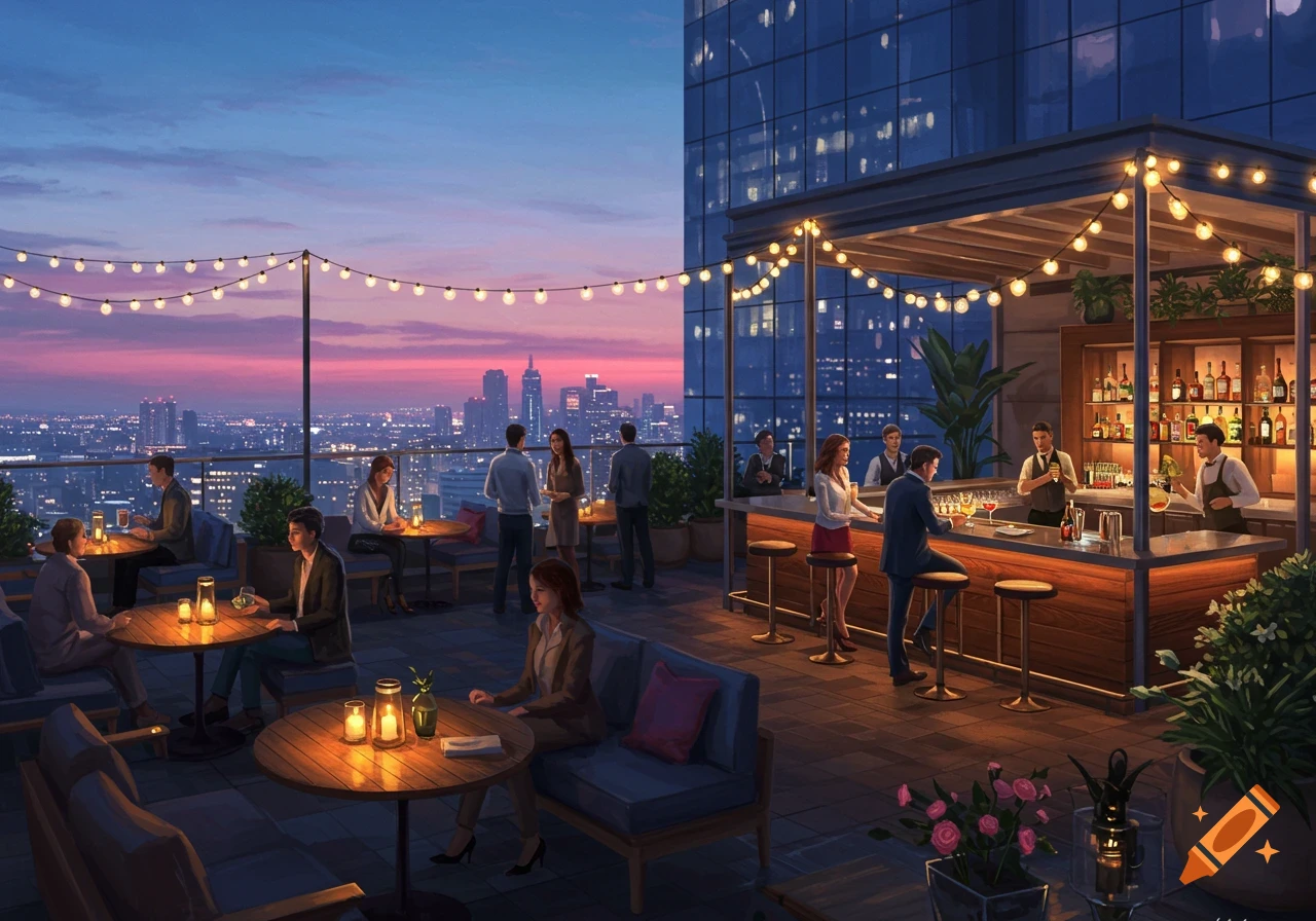 People socializing at a vibrant rooftop bar at sunset, overlooking a city skyline.