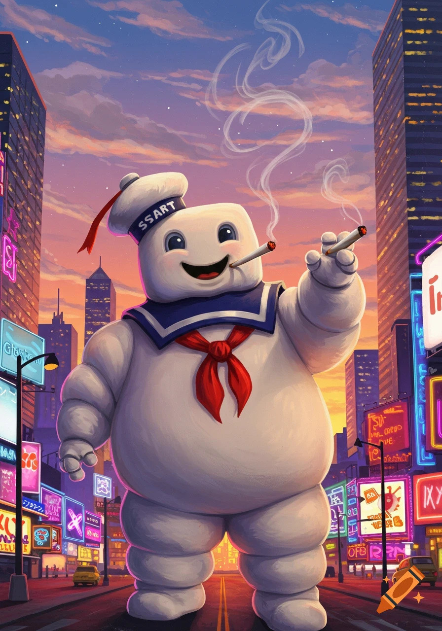The Stay Puft Marshmallow Man on a city street at sunset, smoking a joint and holding another.