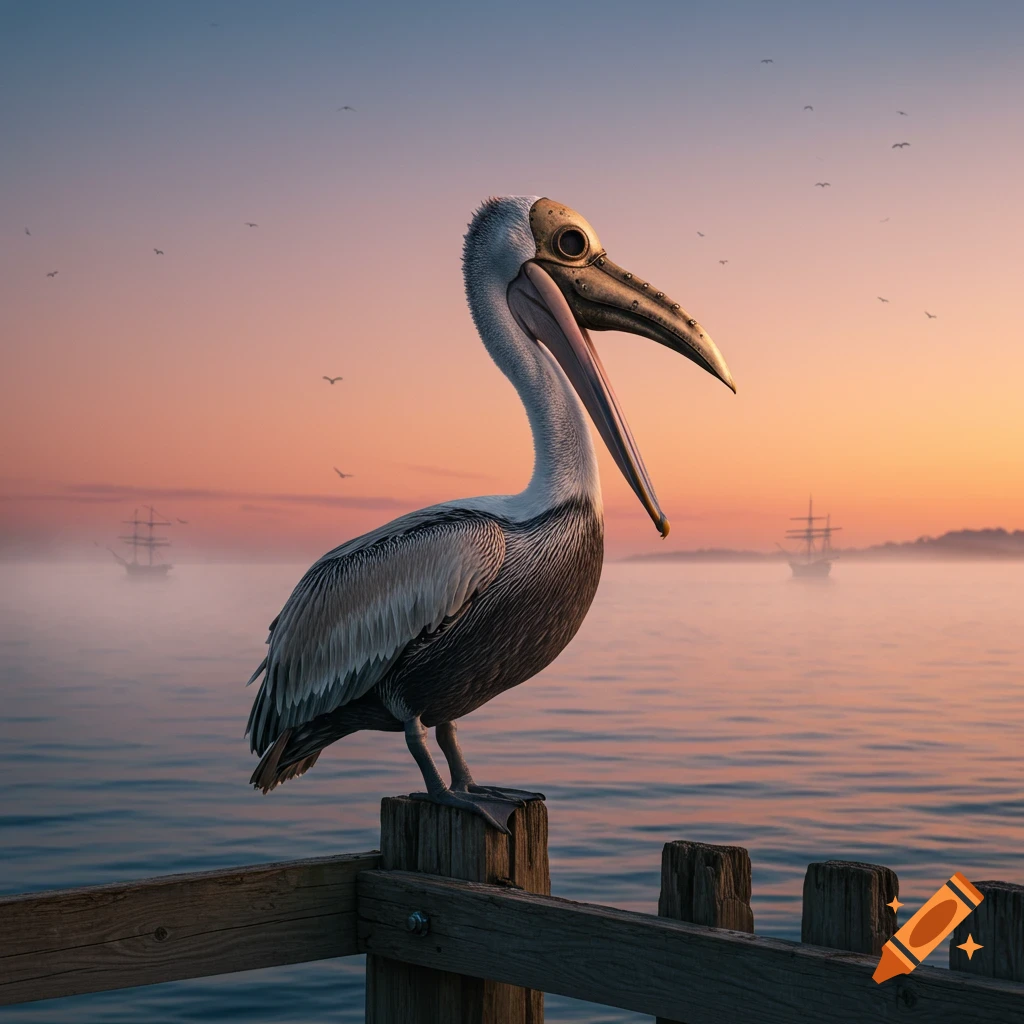 Photorealistic pelican with a steampunk plague mask on a wooden pier at sunset over a misty ocean with ships.