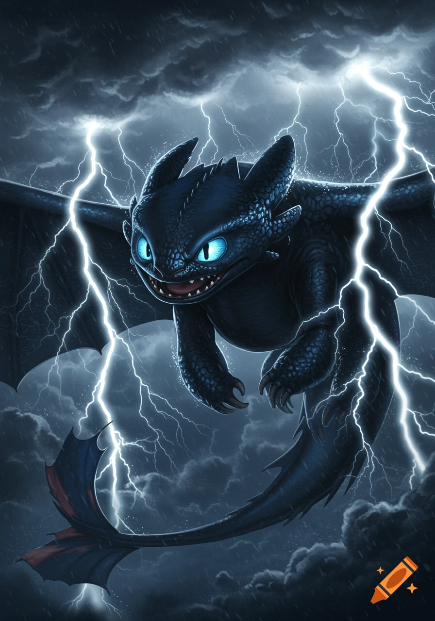 A cartoonish black dragon with glowing blue eyes, resembling a Night Fury, flies through a dark, stormy sky with bright lightning bolts.