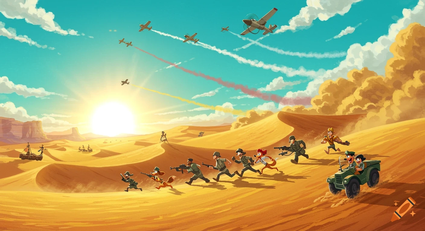 Cartoon military adventure scene with soldiers and anthropomorphic animals running through a desert at sunset, planes flying overhead.