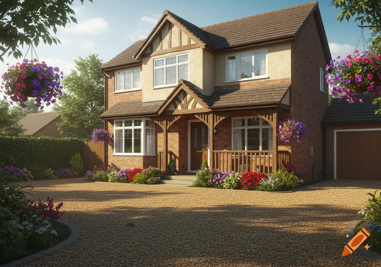 A charming brick house with a front porch, a gravel driveway, and colorful hanging flower baskets.