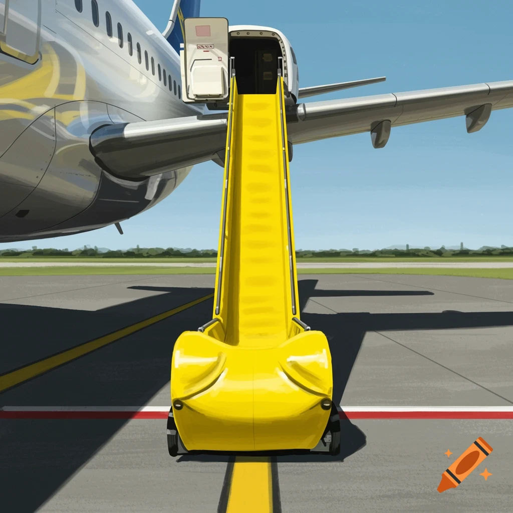 A yellow evacuation slide deployed from a silver airplane on an airport tarmac under a blue sky, in an illustration.