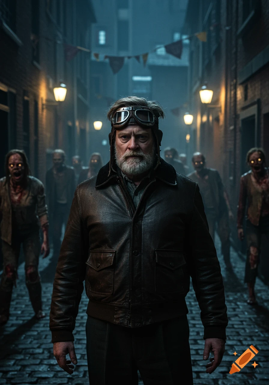 A man with a white beard and pilot goggles stands in a dark alleyway surrounded by zombies with glowing eyes.