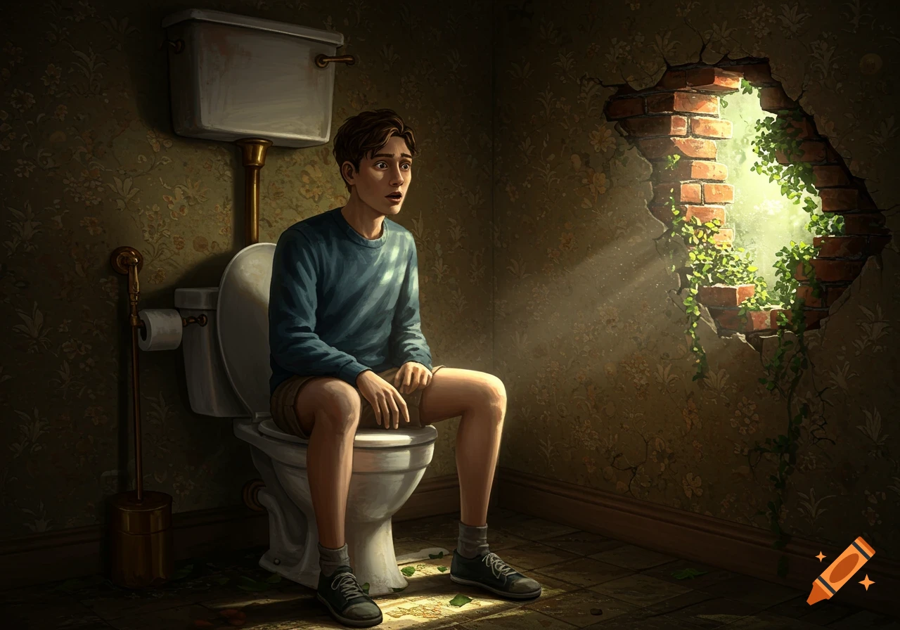 An illustrative image of a young man on a toilet in a dilapidated bathroom, surprised by a vine-covered hole in the wall with light streaming through.