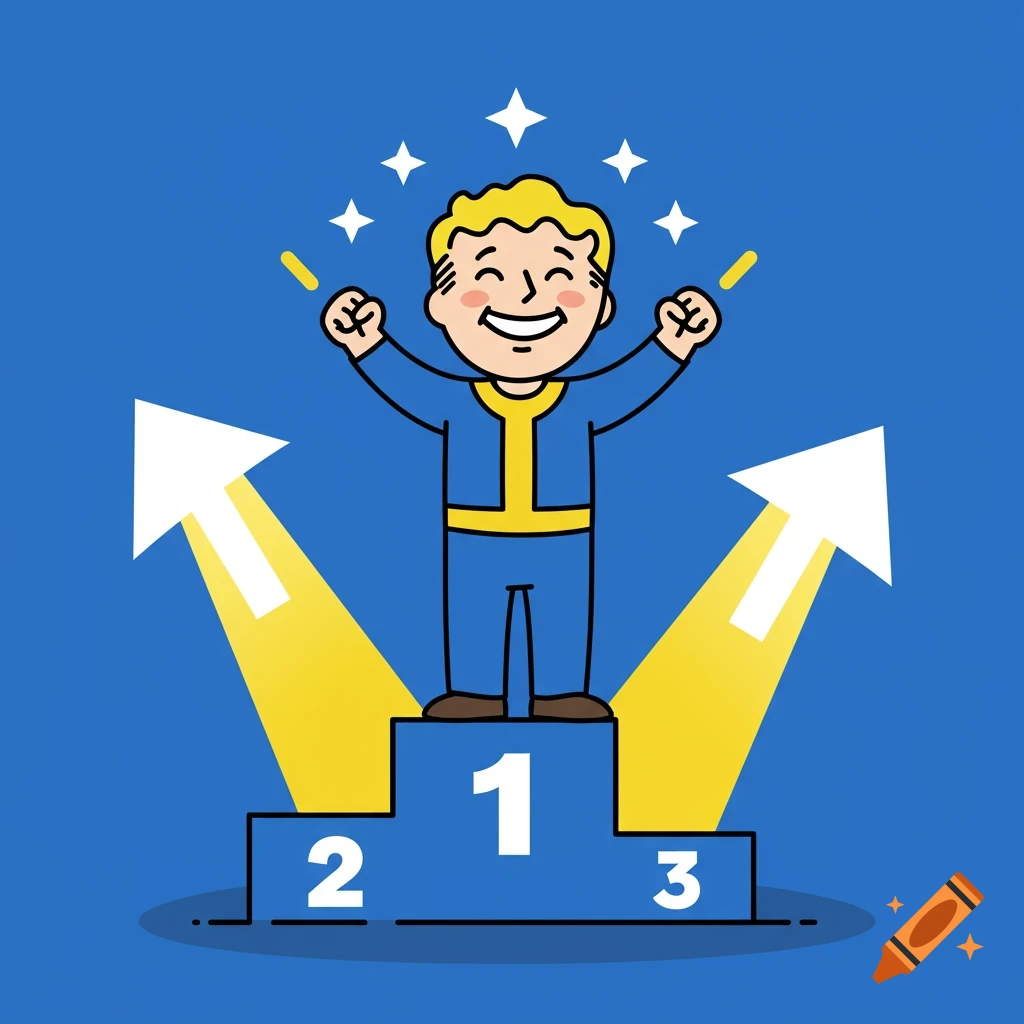 Cartoon illustration of Vault Boy on a winner's podium, arms raised, with stars and upward arrows.