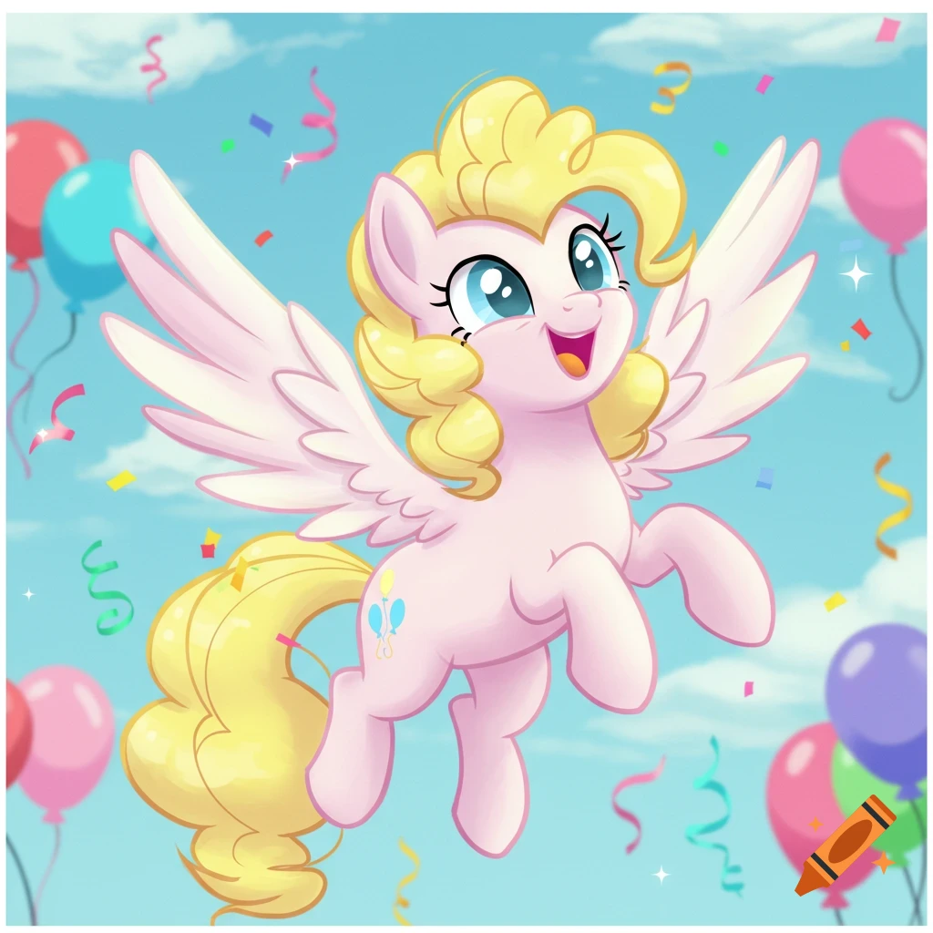 A happy pink pegasus with yellow curly hair and wings flies amidst colorful balloons and confetti in a blue sky.