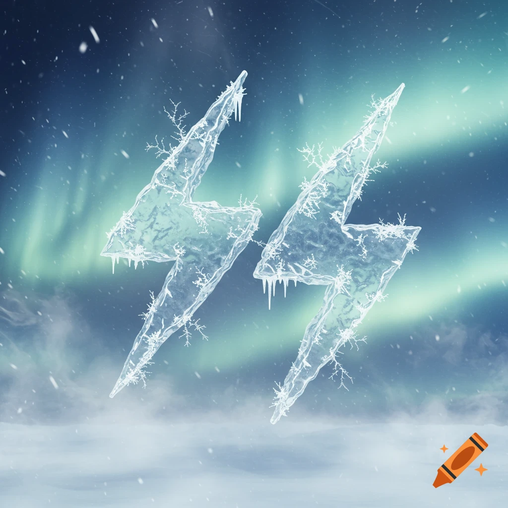 Two icy lightning bolt symbols against a snowy, aurora borealis sky.