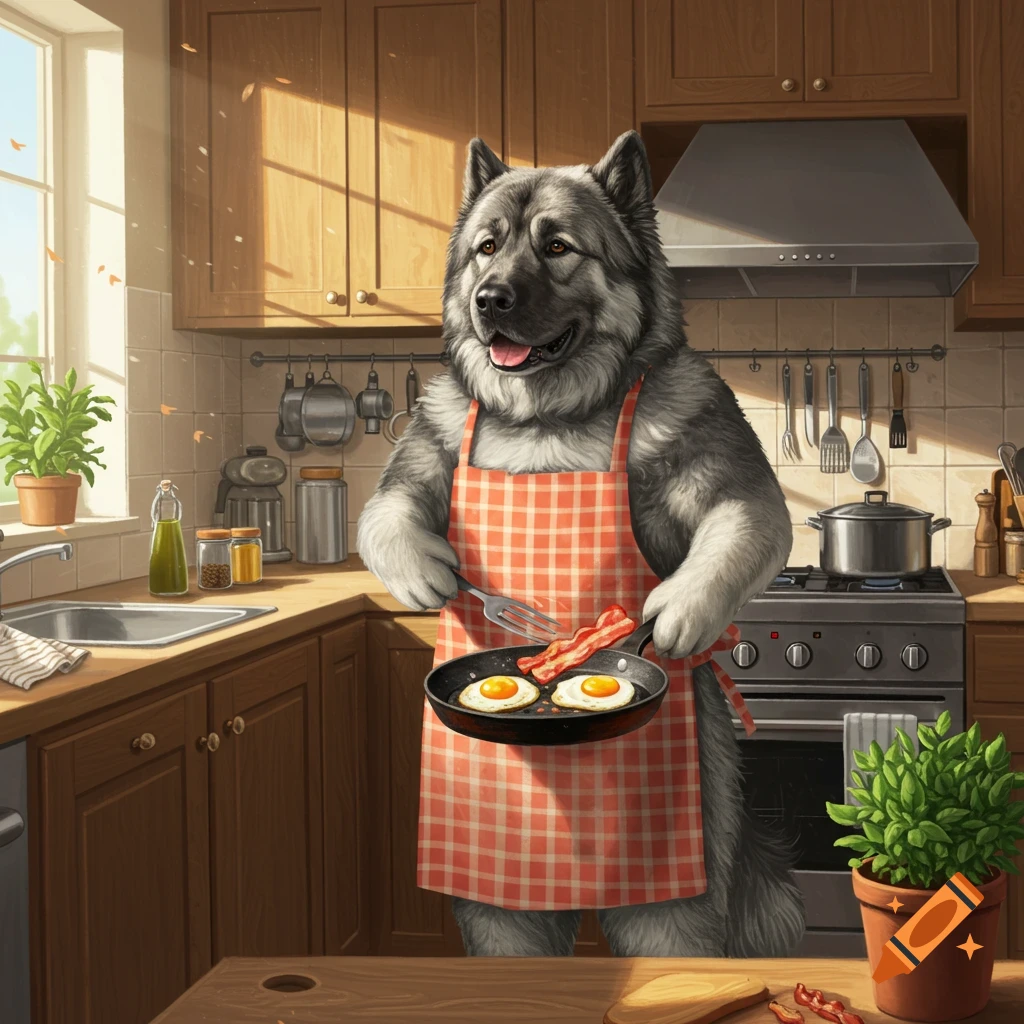 A large gray dog wearing an apron cooks breakfast in a sunlit kitchen, holding a frying pan with eggs and bacon.
