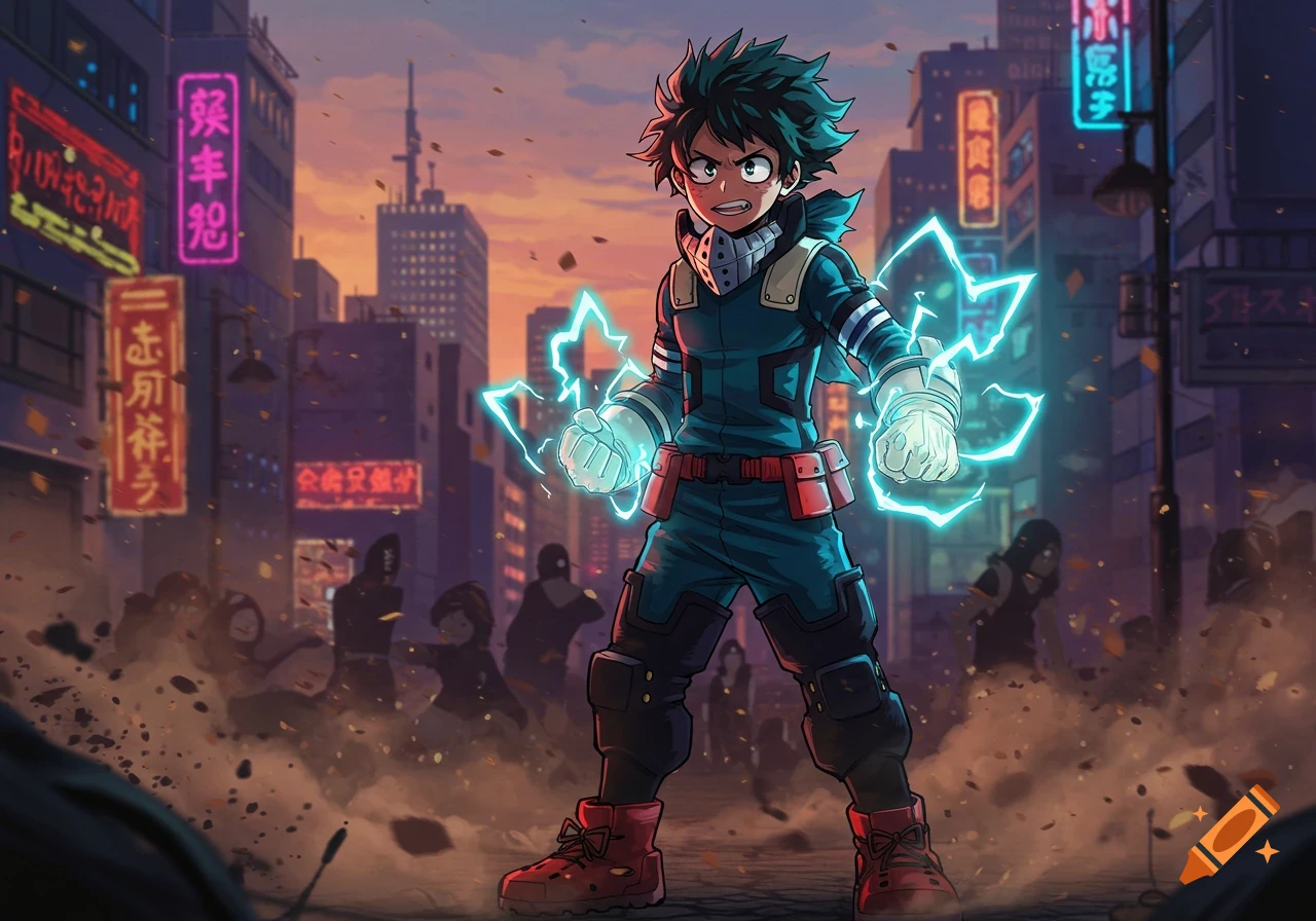 Izuku Midoriya from My Hero Academia powers up with glowing hands in a crumbling city at sunset with neon signs.