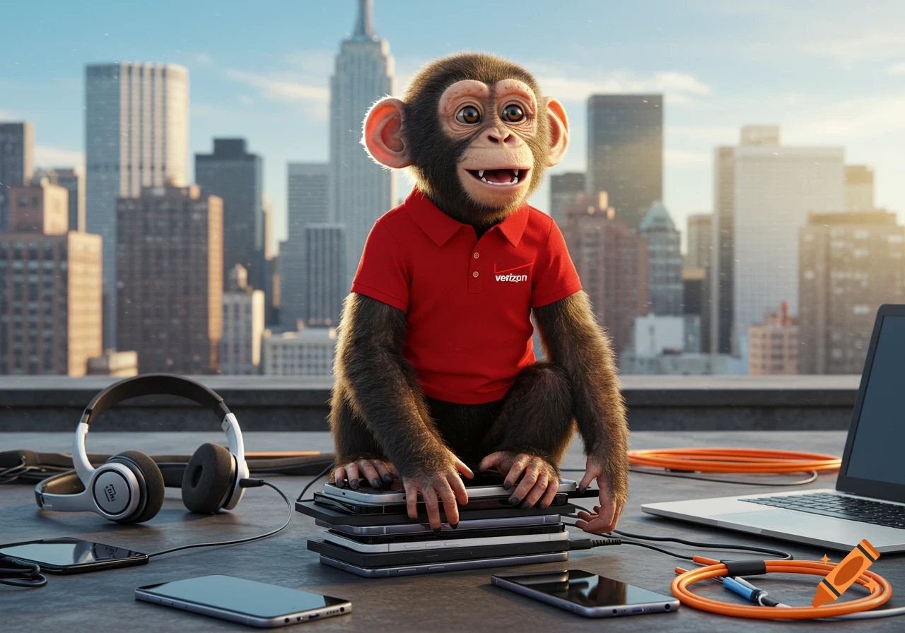 A photorealistic chimpanzee wearing a red Verizon polo shirt sits on a rooftop surrounded by phones and a laptop, with a city skyline behind it.