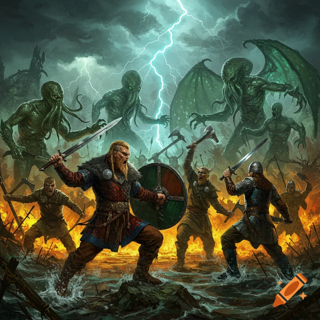 Oil painting of Viking warriors battling Cthulhu-like monsters amidst a stormy, lightning-filled sky with fire and water.