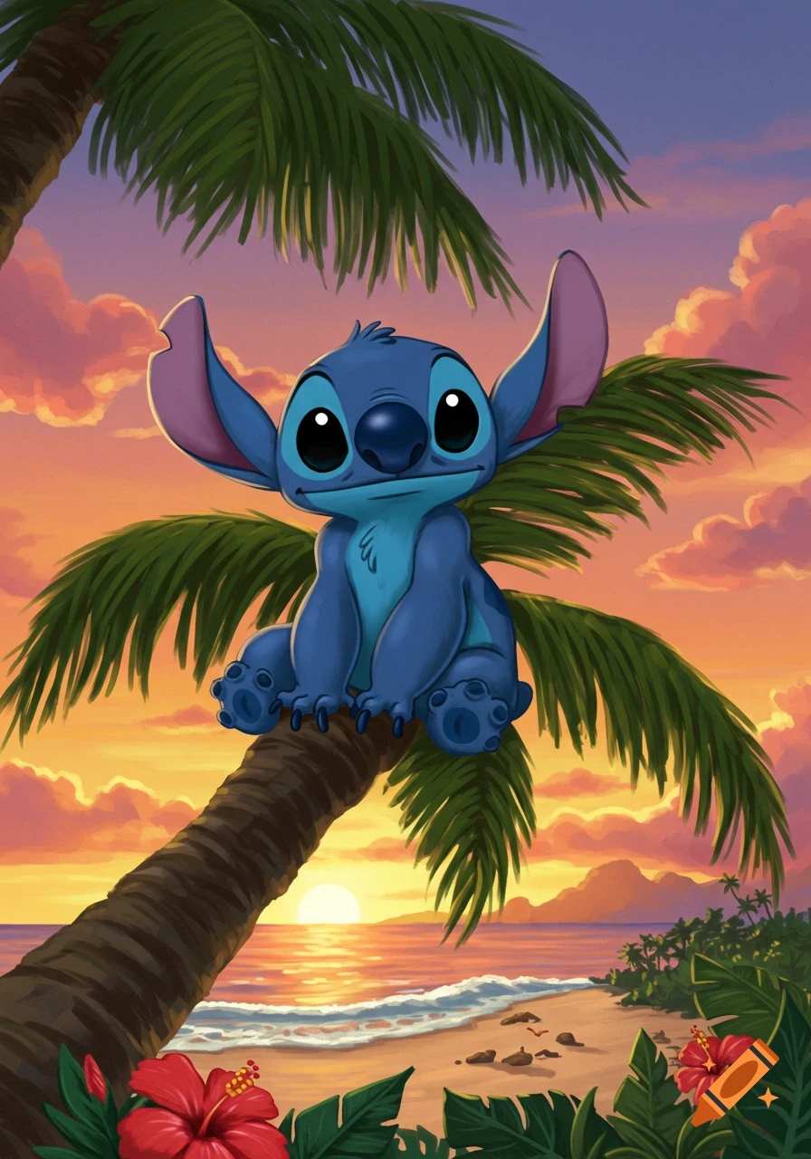 Cartoon Stitch sitting on a palm tree overlooking a vibrant sunset beach scene with hibiscus flowers.