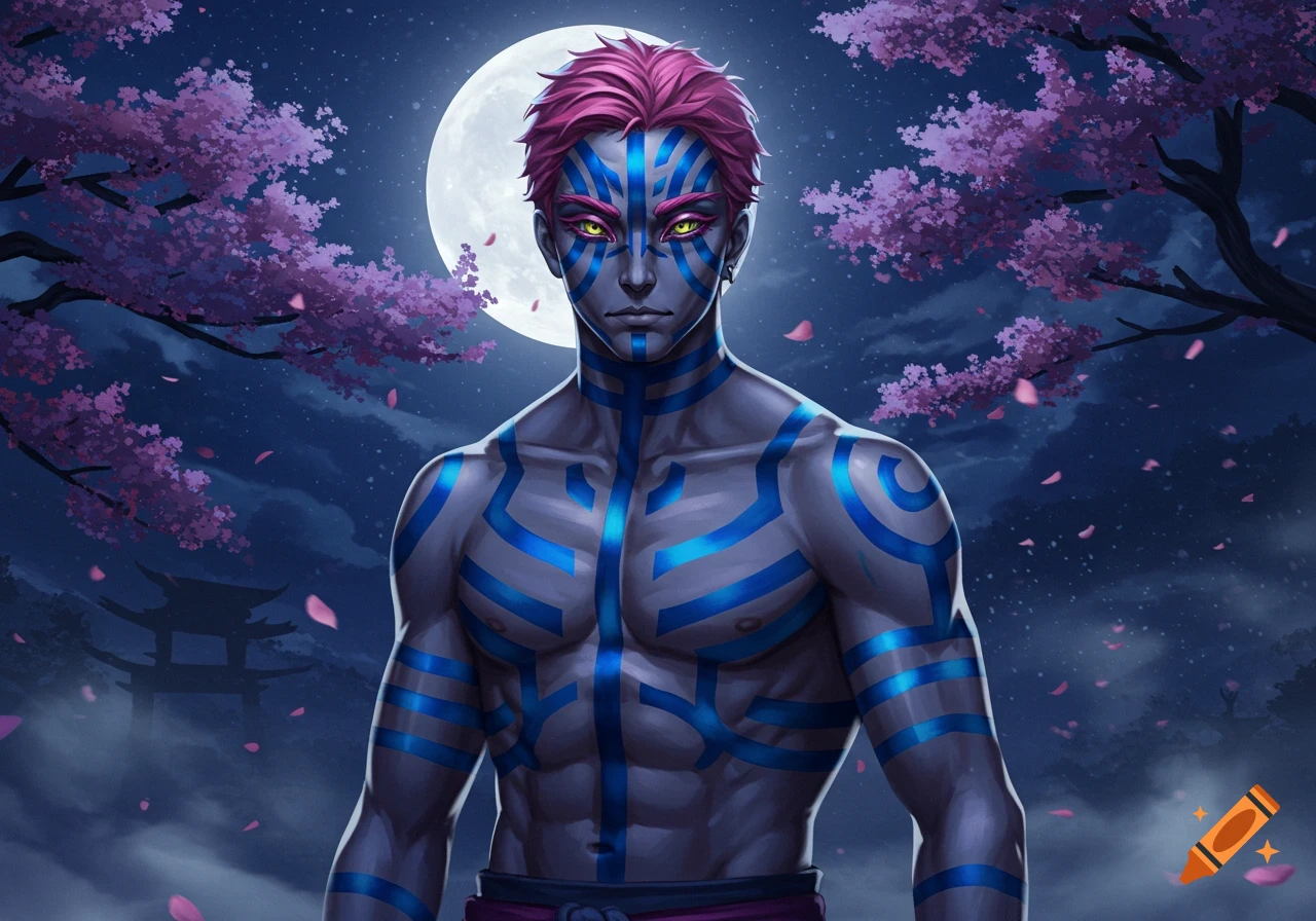 A blue-skinned man with pink hair and blue tattoos stands at night under a full moon, surrounded by pink cherry blossoms and a distant pagoda.
