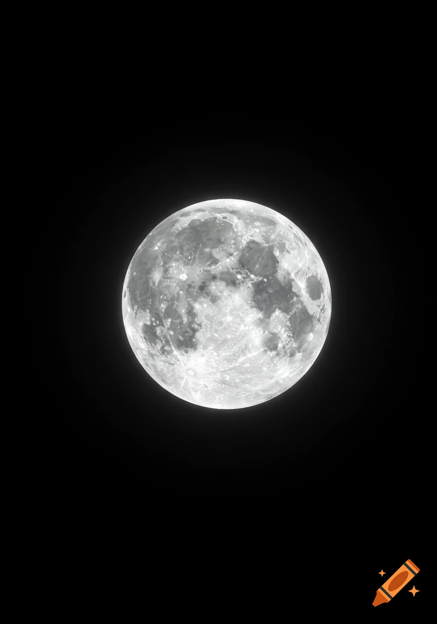 A photorealistic close-up of a full moon, showing craters and mares against a black, starless sky.