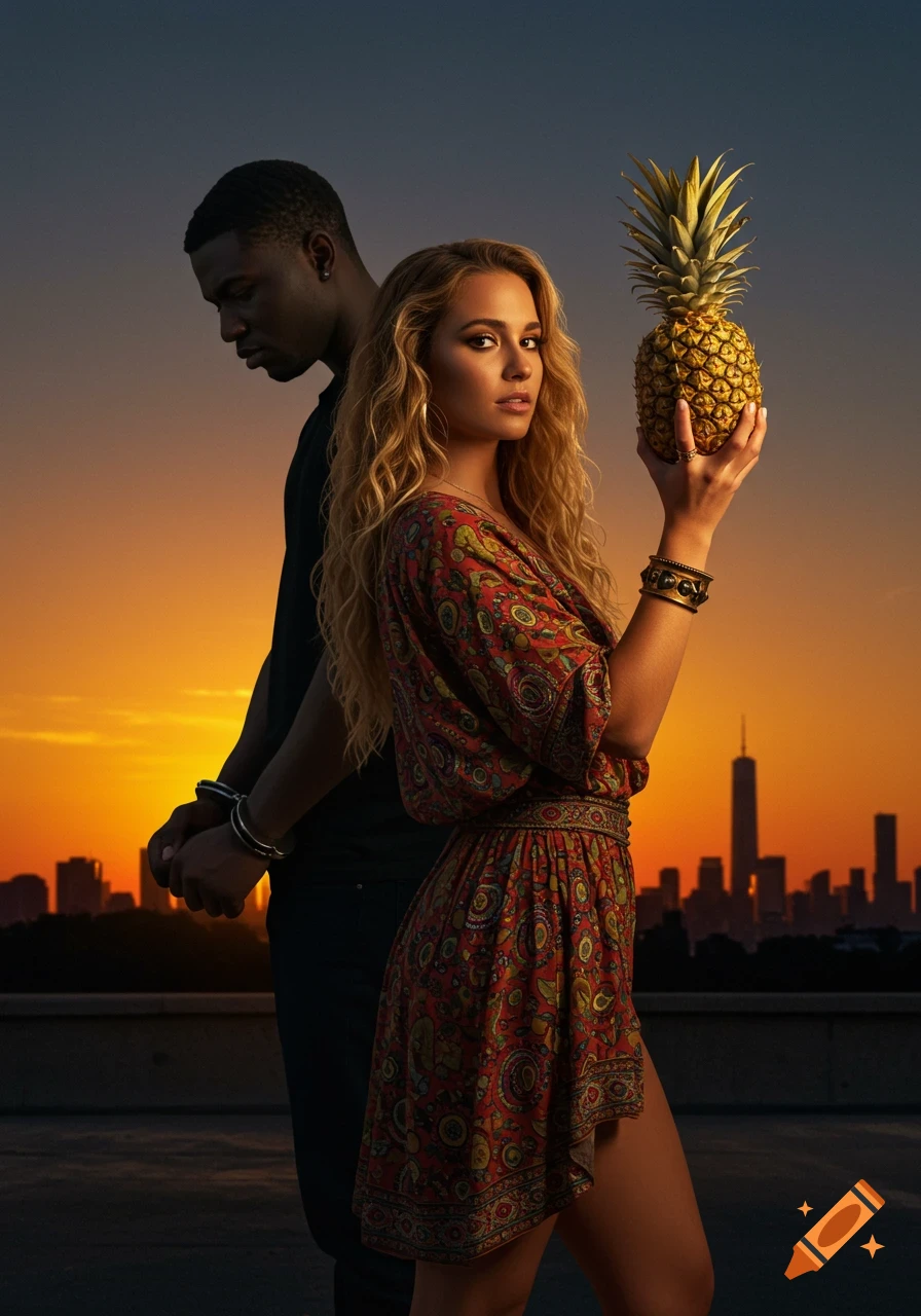 A woman holding a pineapple stands in front of a man in handcuffs on a rooftop at sunset, with a city skyline behind them.