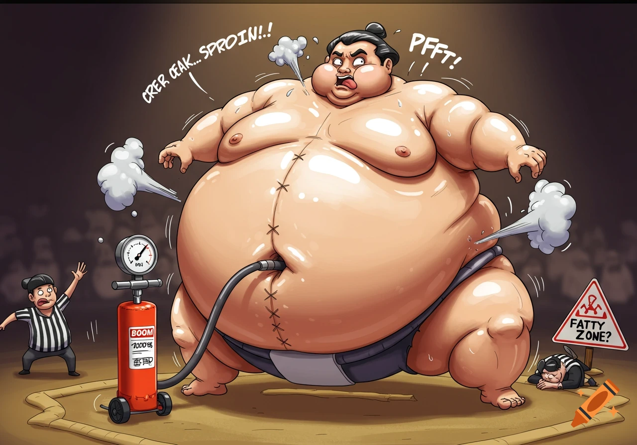 A massively inflated sumo wrestler in a cartoon style, seconds from bursting, with an air pump hose in his belly button and air hissing from his body. A referee looks on in shock.