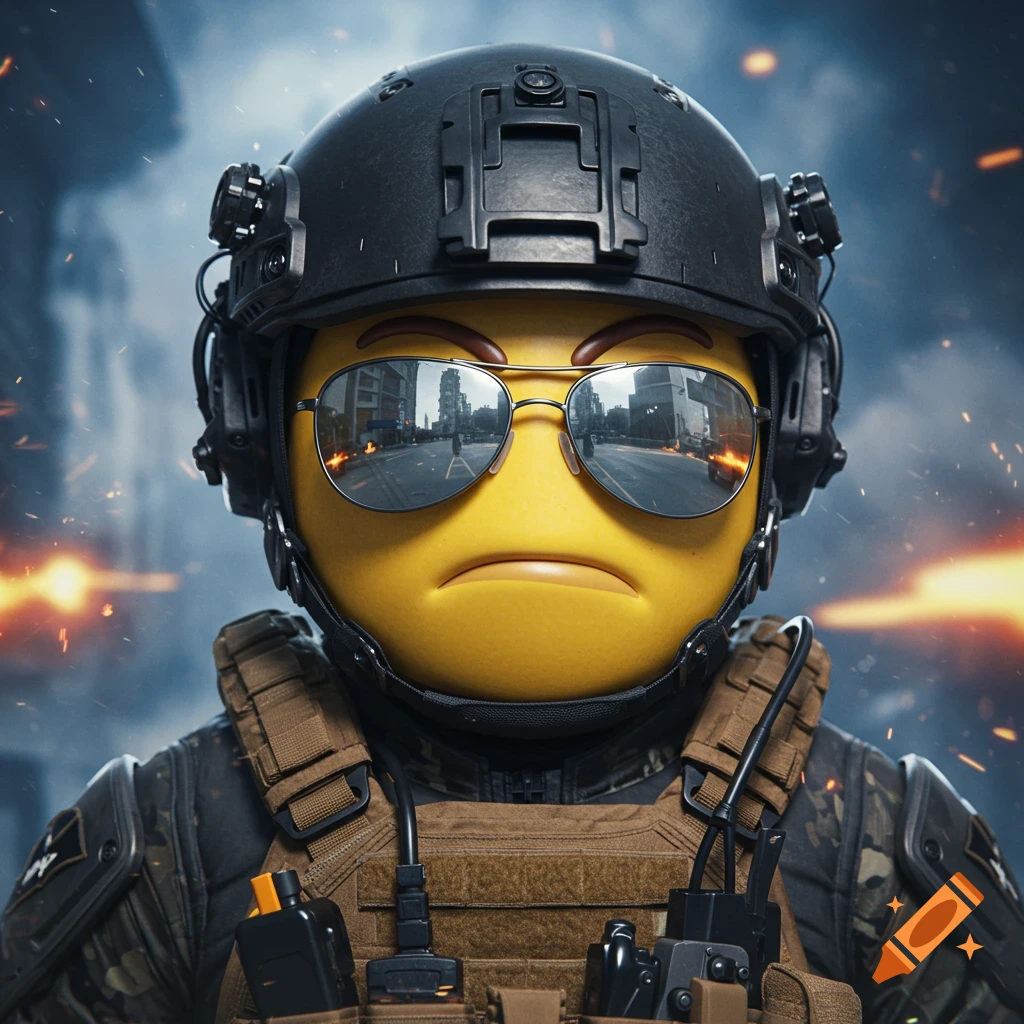 Photorealistic angry yellow emoji in tactical gear and helmet, urban combat reflected in sunglasses.