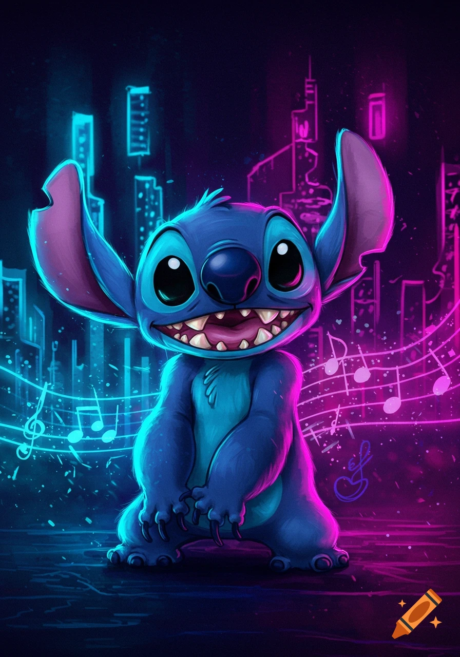 Blue alien character Stitch smiles widely amidst a neon cityscape with glowing musical notes in blue and pink.