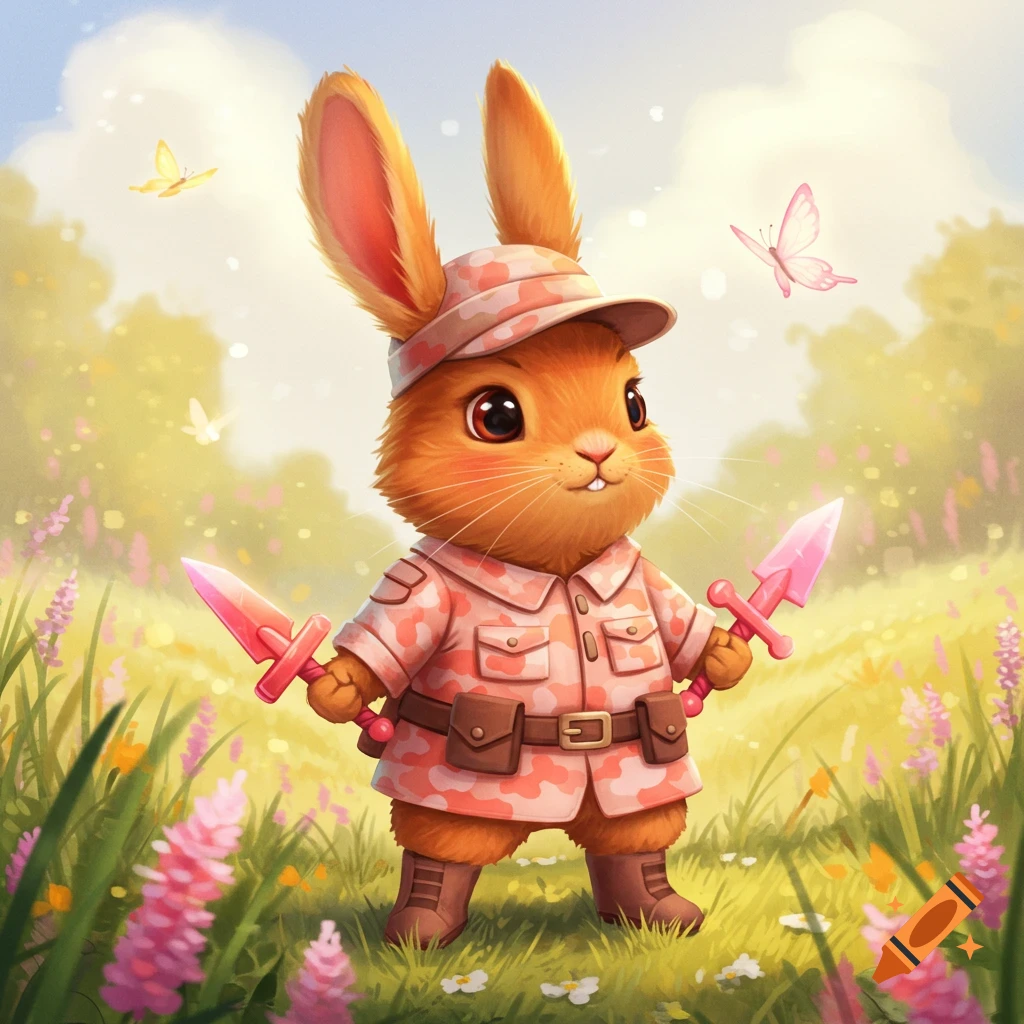 A cute ginger bunny in a pink camouflage uniform and hat, holding two pink swords, stands in a flowery field with butterflies.