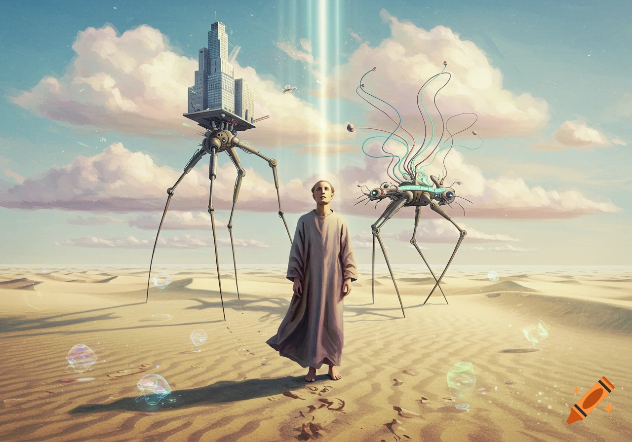 A robed figure stands in a vast desert between two towering, walking machines, one with a city on top, under a light blue sky.