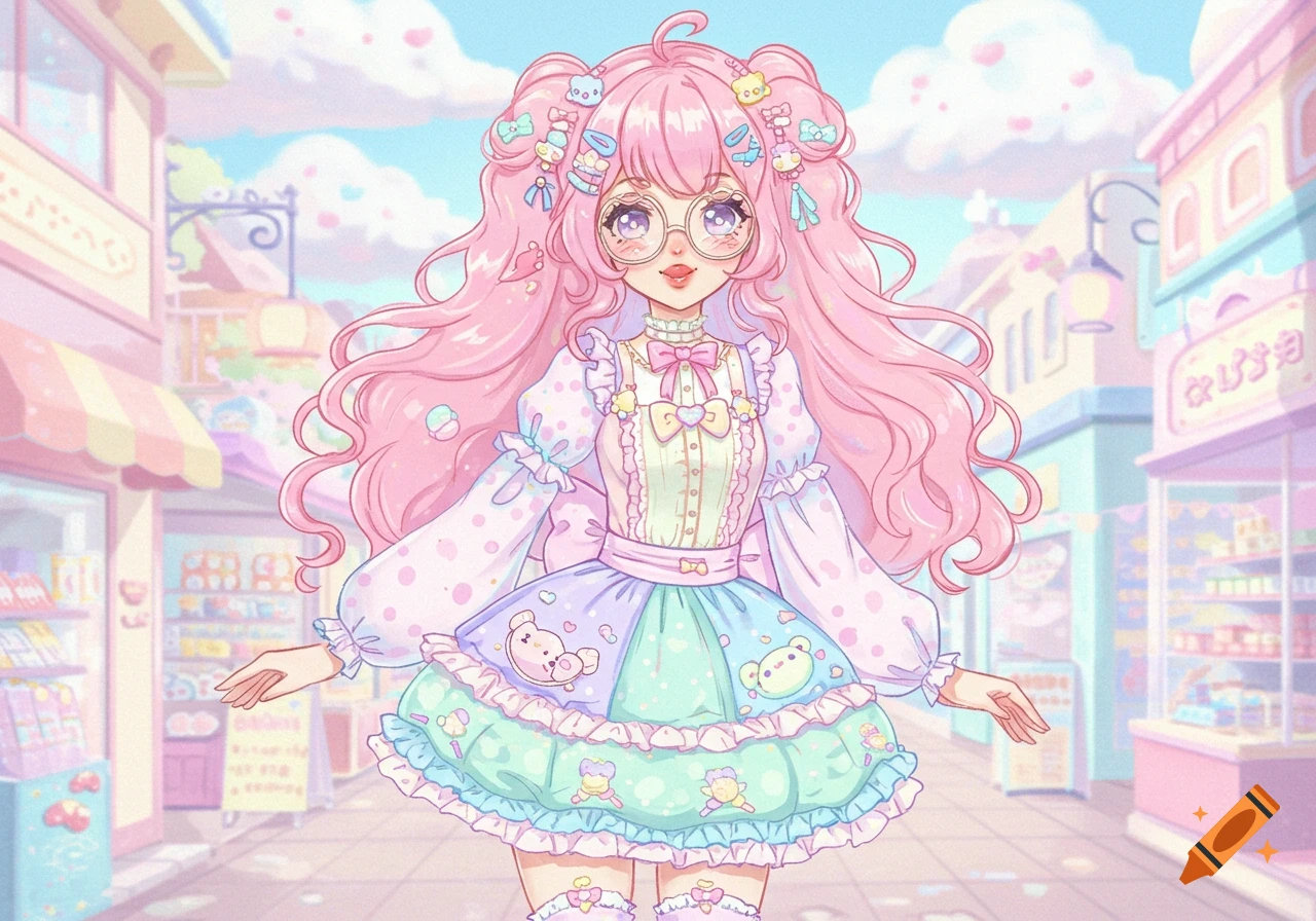 Anime girl with long pink hair and glasses, wearing a pastel decora fashion dress, standing on a street with shops.