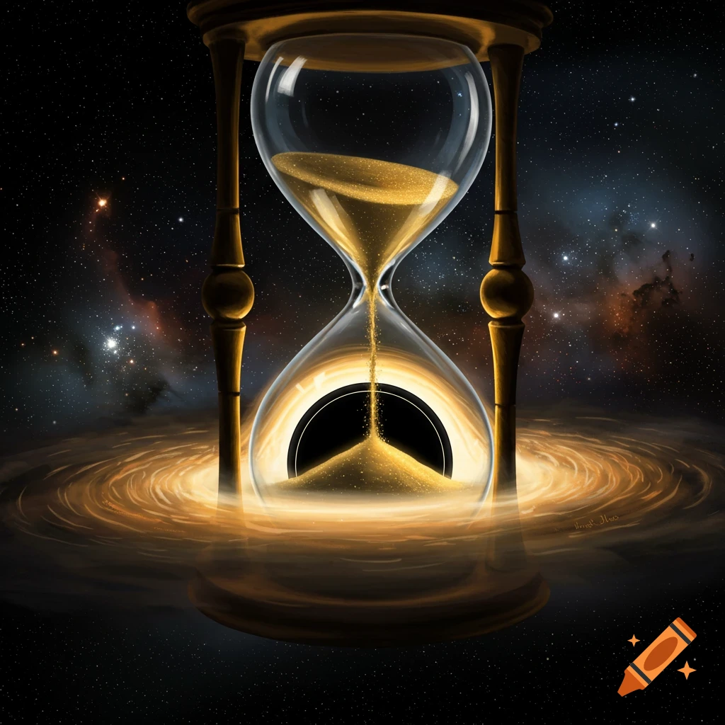 An hourglass filled with golden sand, set against a backdrop of a starry galaxy. The sand falls into a glowing black hole at its base.