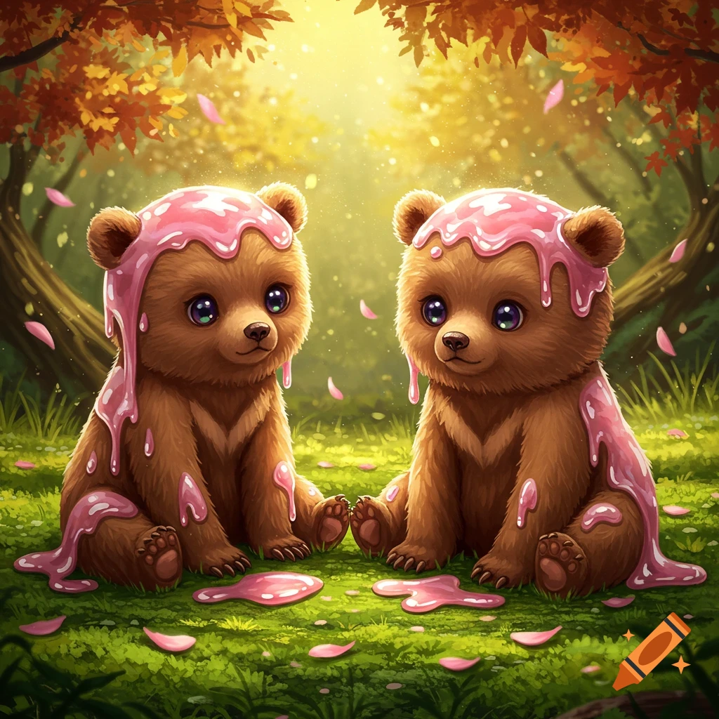 Two cute baby bears with big eyes covered in pink slime sit in a magical forest with falling petals.