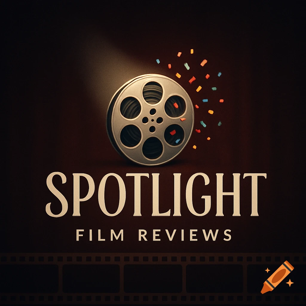 A logo featuring a film reel illuminated by a spotlight, with colorful confetti, and the text 'SPOTLIGHT FILM REVIEWS' on a dark background.