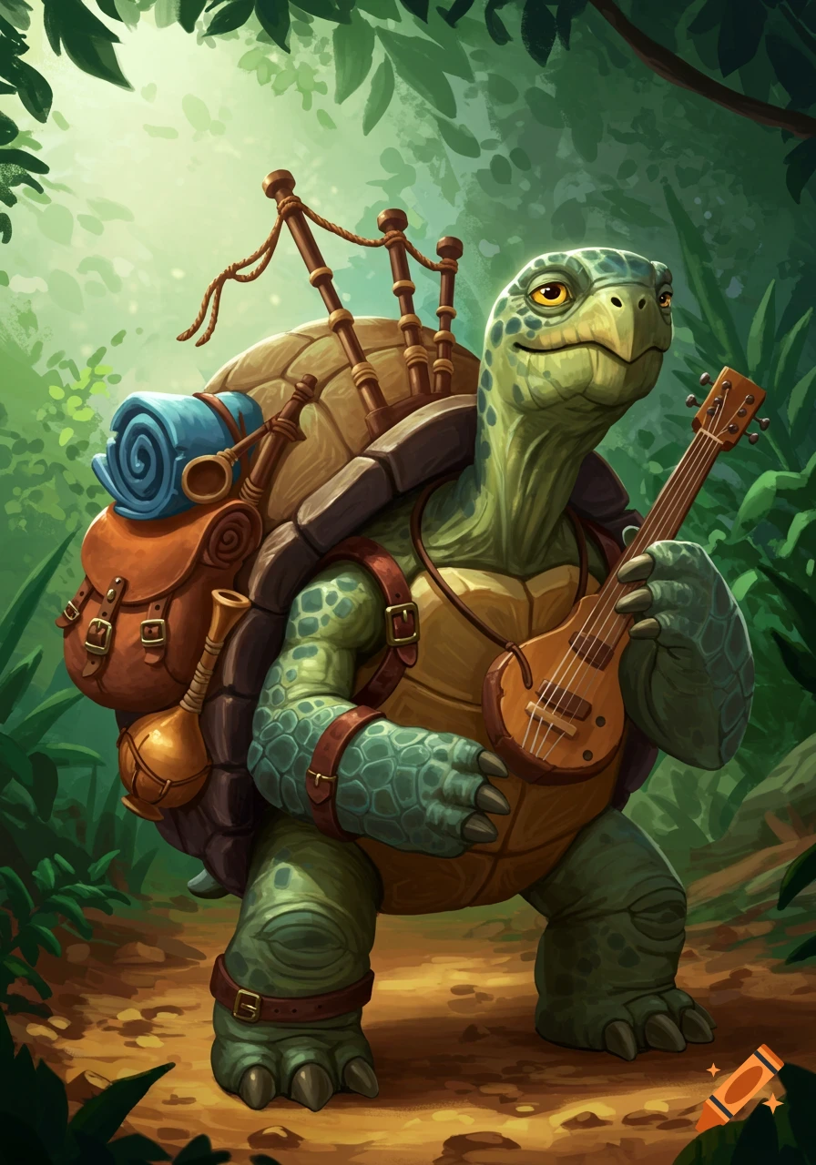 A cartoon green tortle bard with a backpack and bagpipes on its shell, holding a small lute, stands on a forest path.