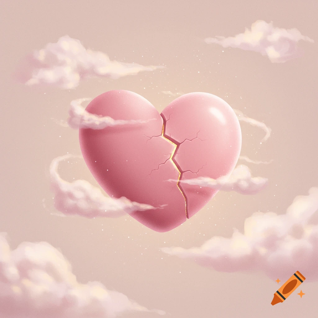 A pink heart with a glowing crack, floating among soft clouds in a dreamy, light pink sky.