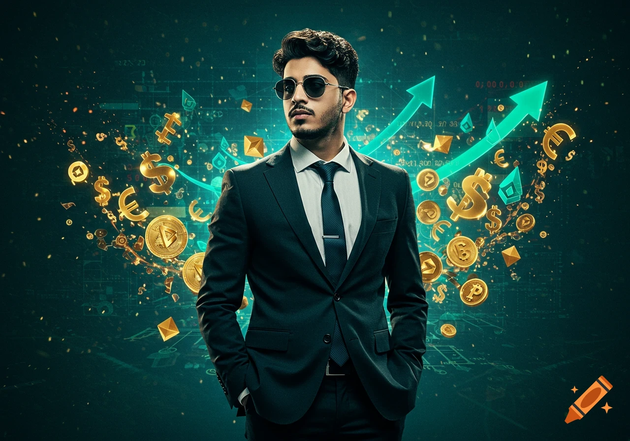 A confident man in a suit and sunglasses stands amidst golden crypto symbols and upward-trending green financial charts.