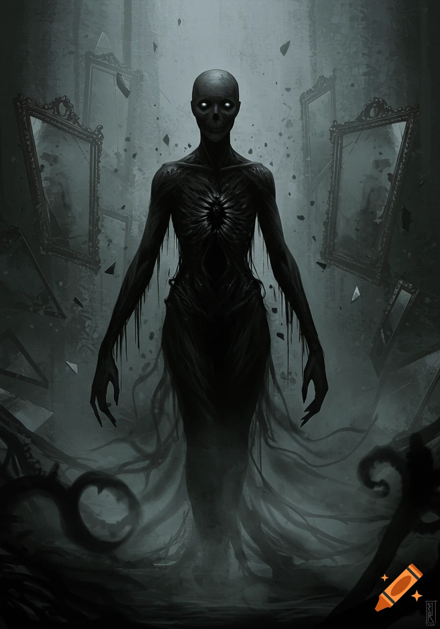 A terrifying dark creature with glowing eyes stands in a crumbling room with shattered mirrors, dark tendrils dripping from its body.