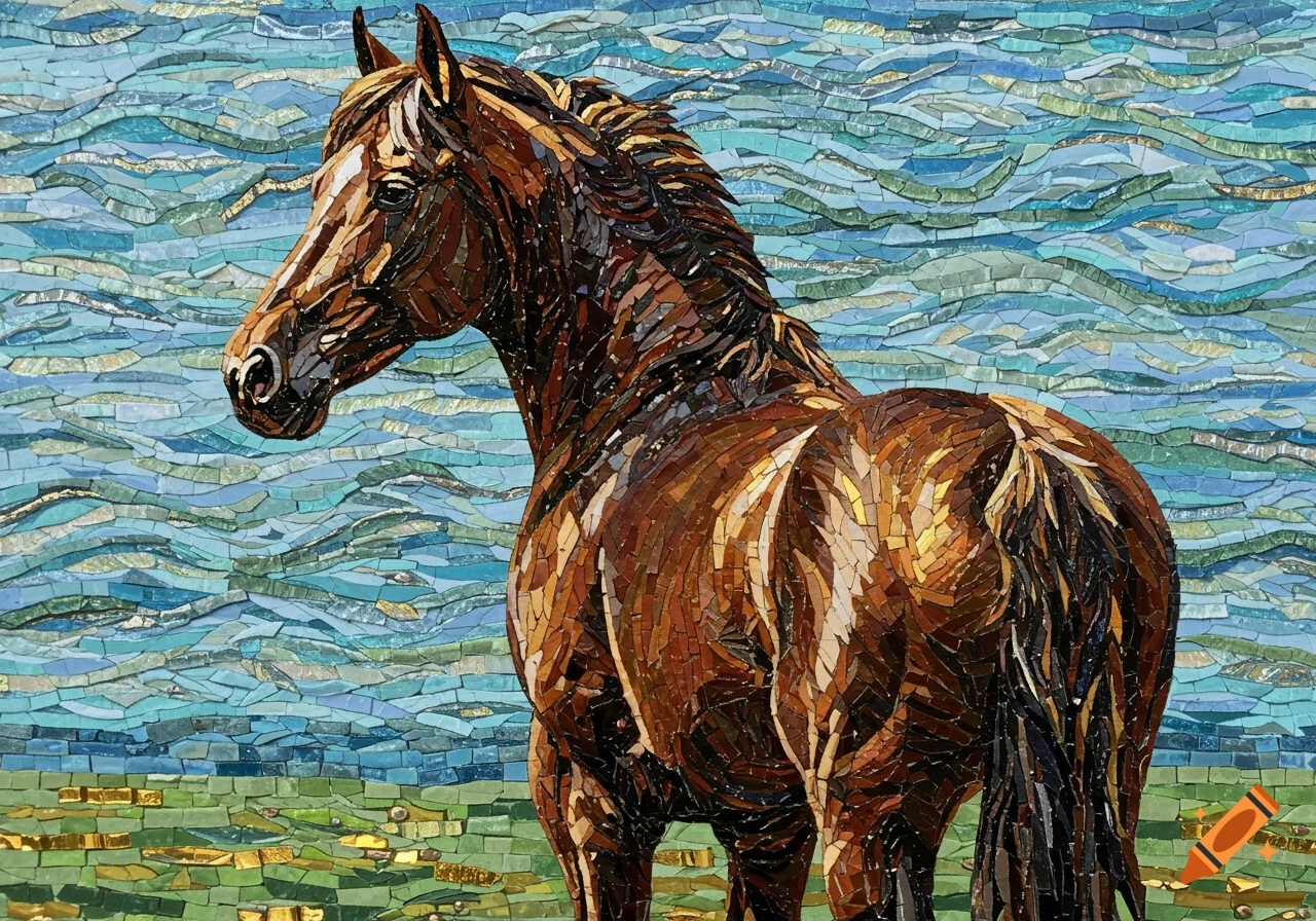 A brown horse rendered in a mosaic art style stands against a wavy blue and green mosaic background, looking over its shoulder.