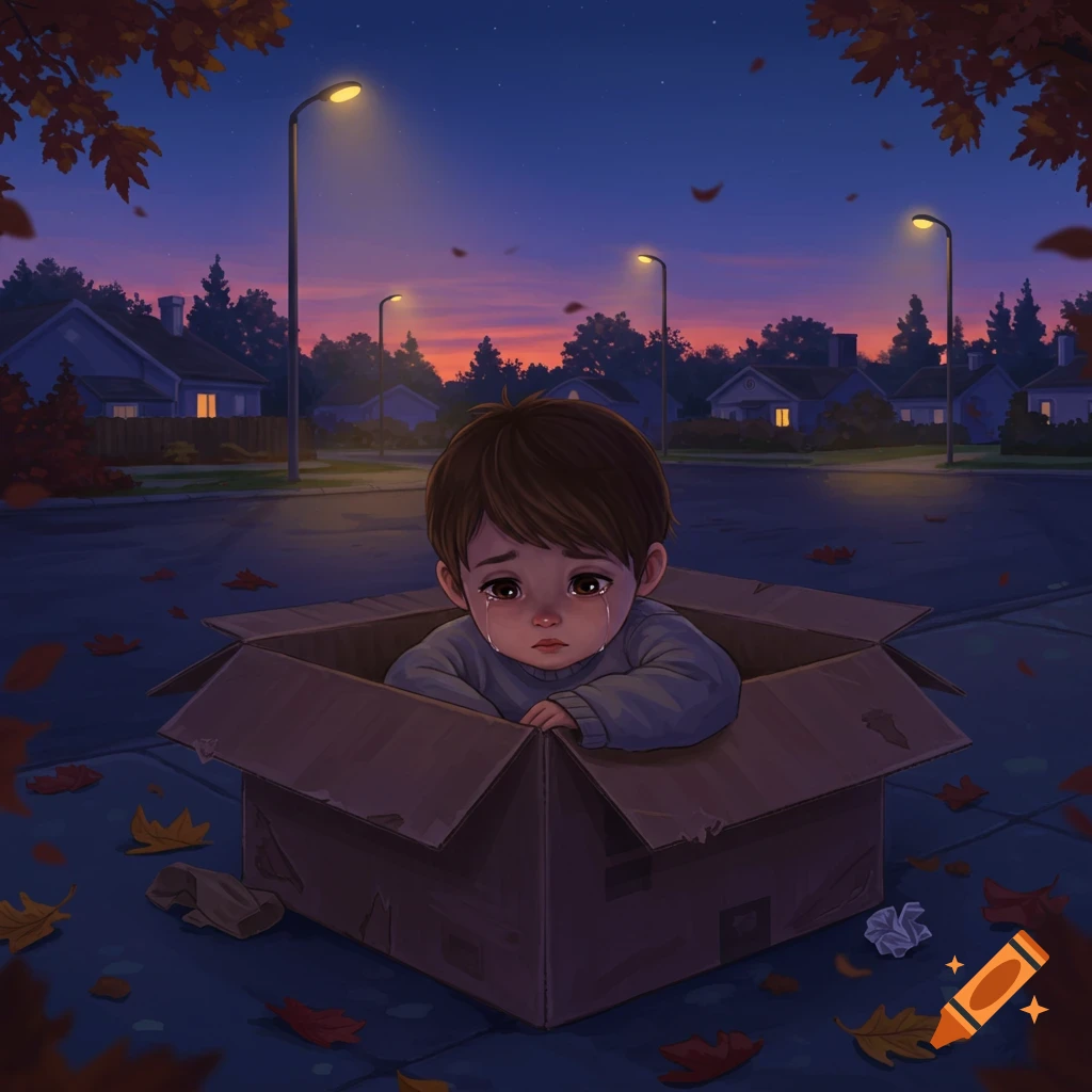 A crying young boy sits inside a cardboard box on a suburban street at dusk, surrounded by autumn leaves.