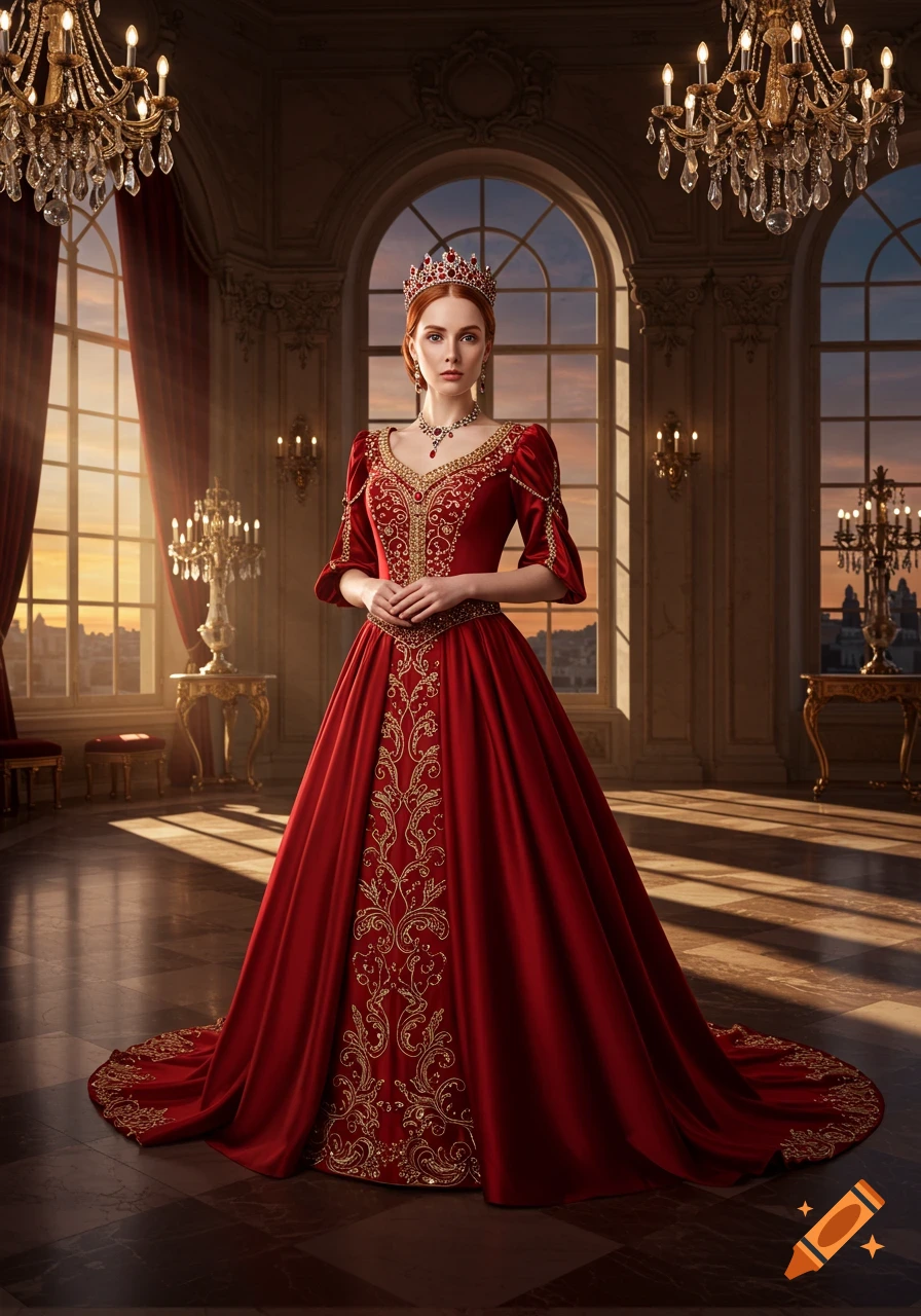 A regal woman in a crimson and gold gown and crown stands in a grand, sunlit hall with chandeliers.