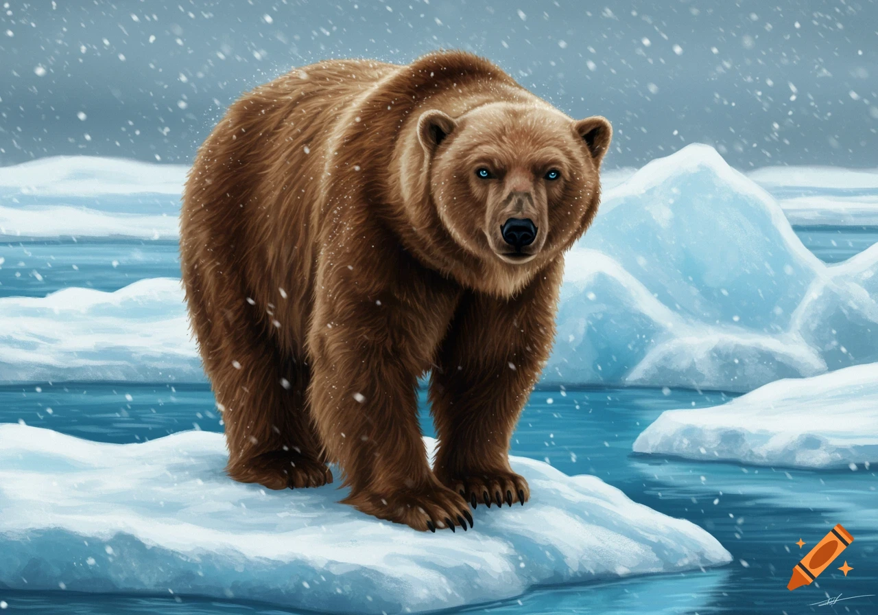 A brown bear with striking blue eyes stands on an ice floe in a snowy, icy blue landscape.