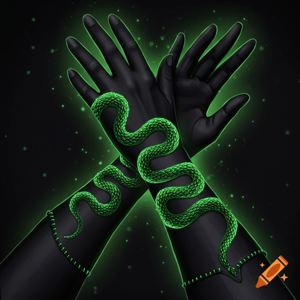 Crossed hands in black gloves with glowing green snakes wrapped around them, set against a dark background with a green aura.