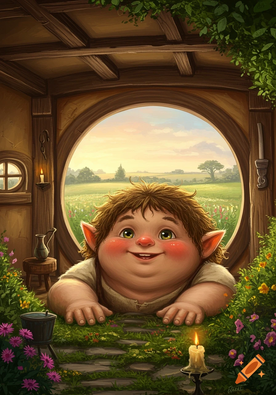 A smiling, chubby hobbit-like character with pointy ears peeks from a cozy round hobbit hole into a sunny field of flowers.
