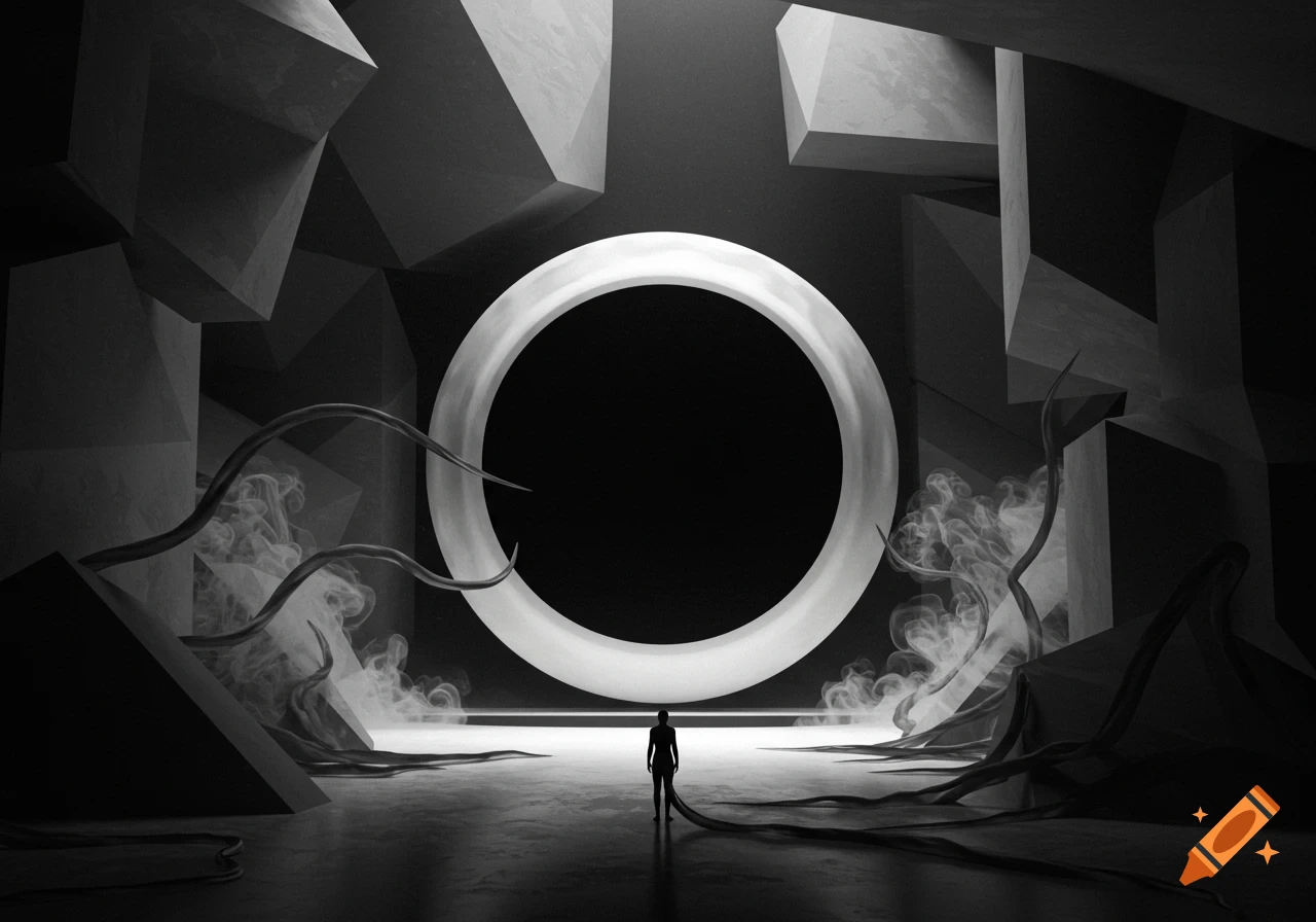 A lone figure faces a large glowing ring in a dark, abstract, geometric, and smokey space. Grayscale.