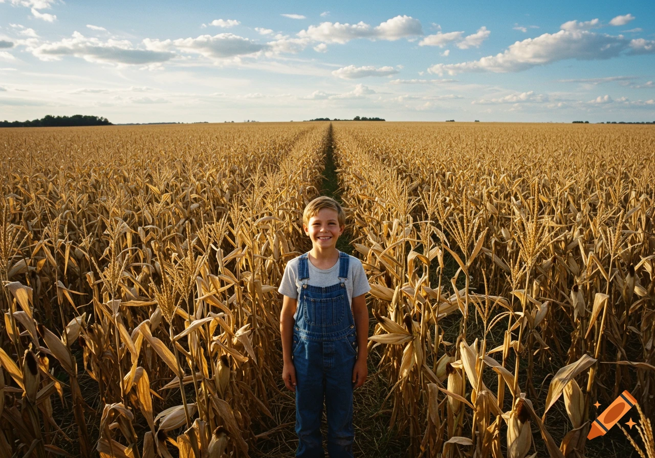 A smiling boy in overalls stands in a golden cornfield under a blue sky.