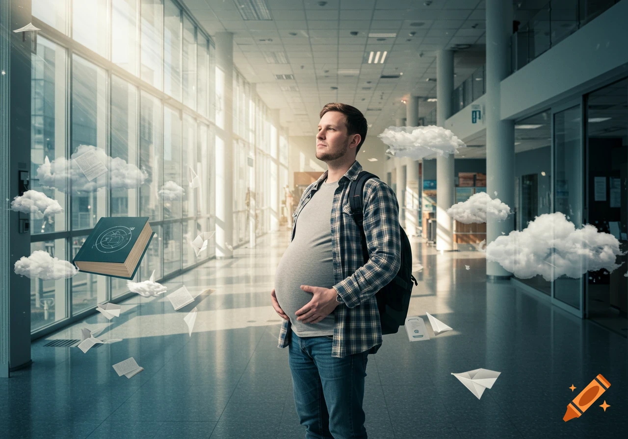 A man with a pregnant belly stands in a bright hallway, surrounded by floating clouds, paper airplanes, and books.